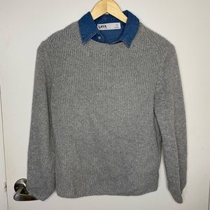 Faux Chambray Collar Grey Sweater